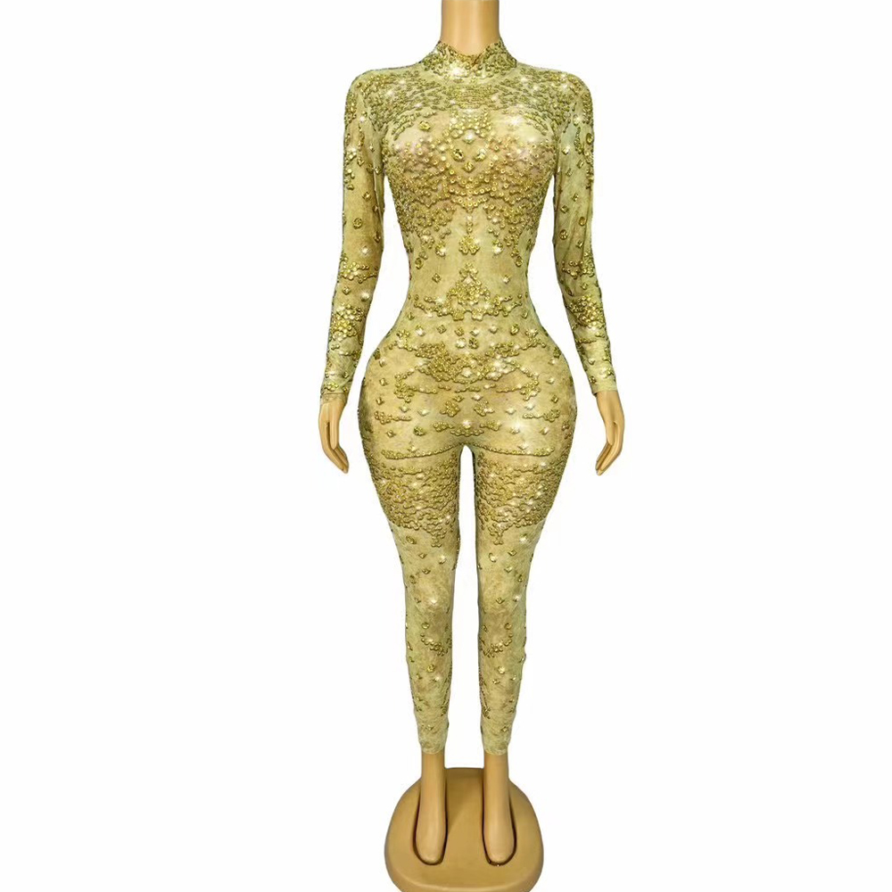 Women Fashion Photoshoot - Sexy palco brilhante ouro strass macacão