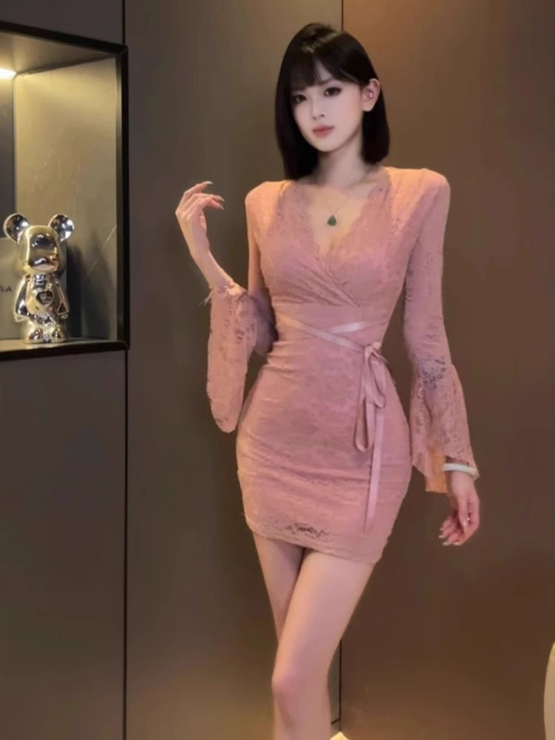 Women Fashion Dress Names - Sexy renda sino manga vestido feminino
