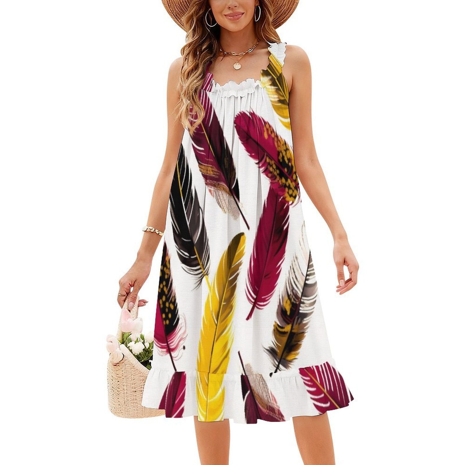 Penas-rosa marfim ouro preto 3 - Smocked Dress Women avaliação e preço