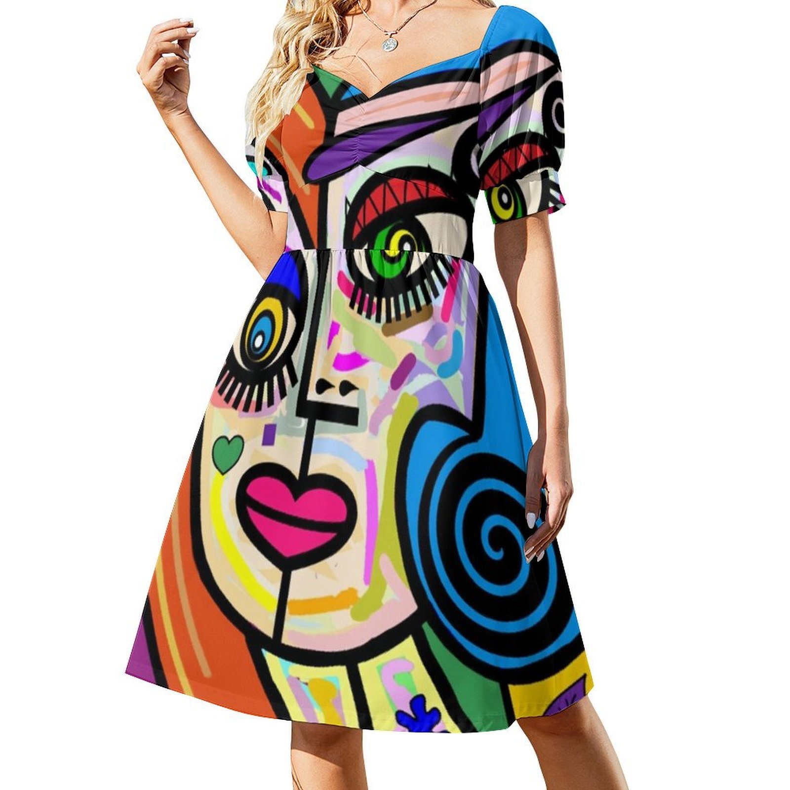 Funky senhoras rosto abstrato  - Smocked Dress Women avaliação e preço